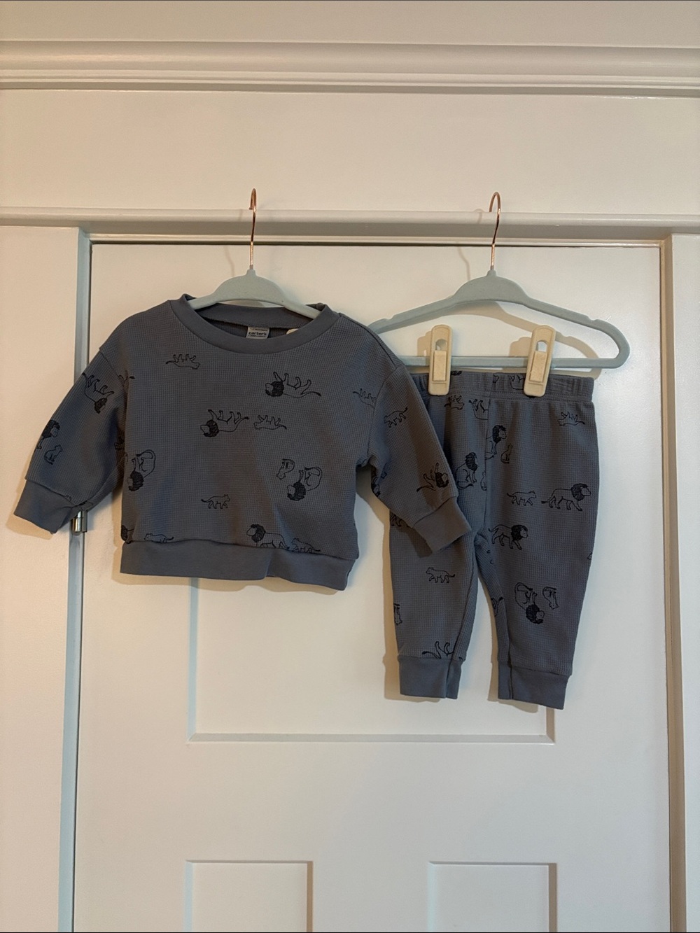 Carter’s Baby Boy Gray Sweatshirt & Jogger Waffle Knit Set with Animal Print